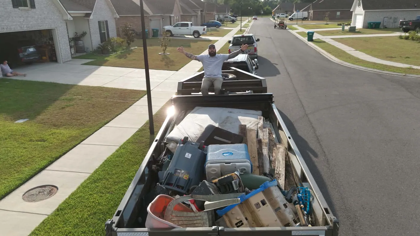 Pickup bed loaded with items on a residential street
